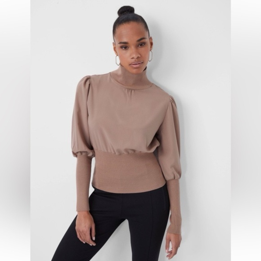 Express High Neck Knit Long Sleeve Blouson Sweater Tan Medium NWT Turtleneck